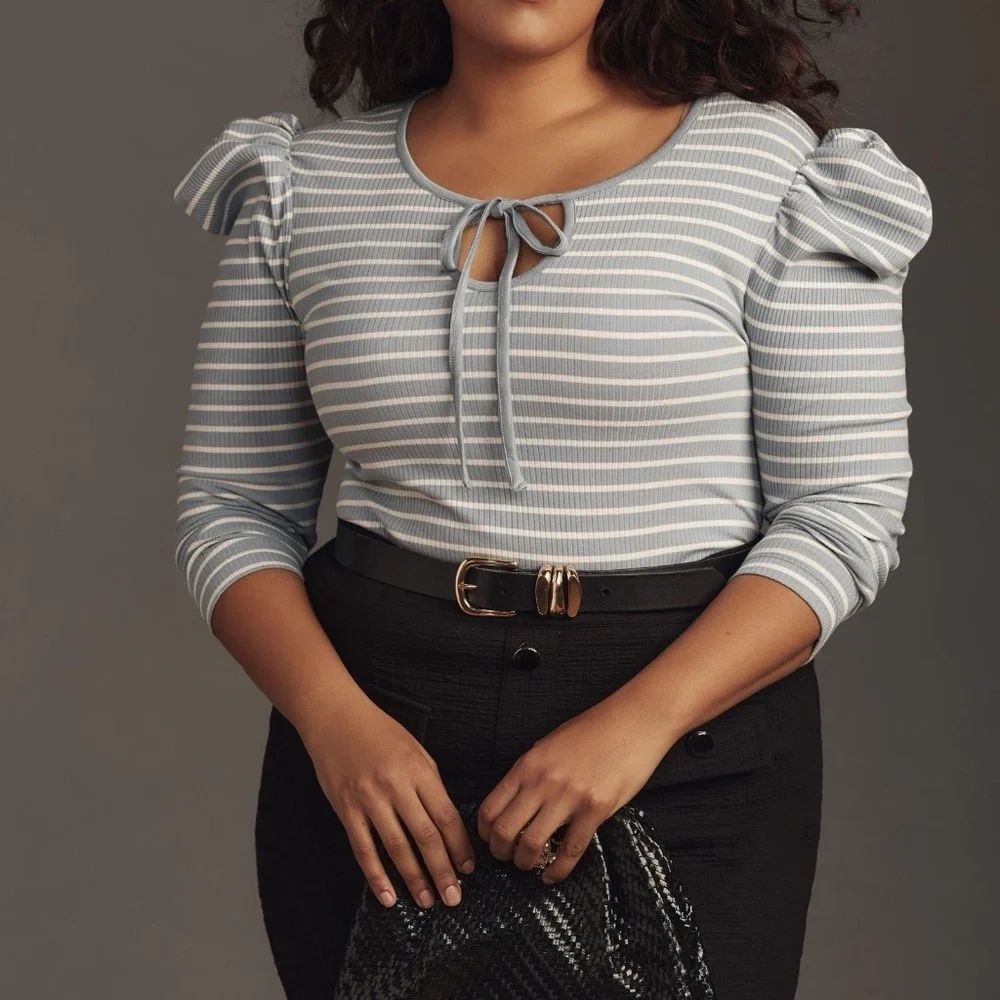 NWT Anthropologie Porridge Puff Sleeve Tie Front Striped Top XL